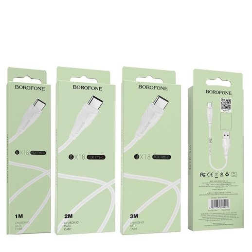 USB кабель BOROFONE BX18 charging data 3А USB - Type-C 1 метр, бiлий