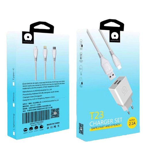 Мережевий зарядний пристрій WUW T23 2 USB + USB Lightning 2100 mA