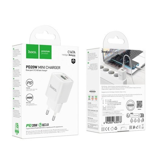 Мережевий зарядний пристрій HOCO C147A TYPE-C PD 20W + USB QC3.0, БІЛИЙ