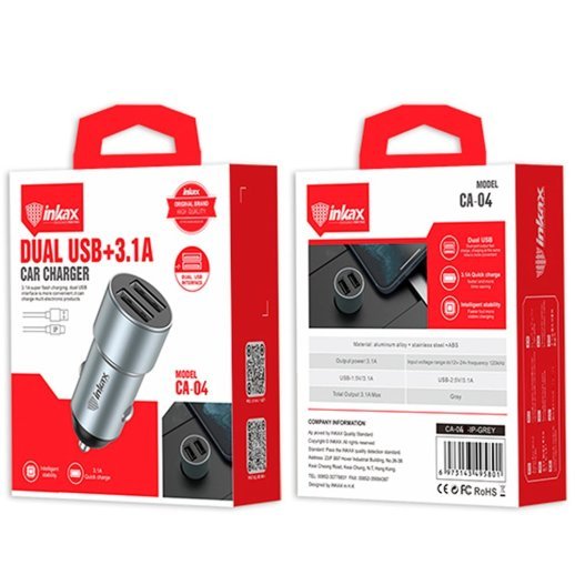 Автомобільний зарядний пристрій INKAX CA-04 3.1A | 2 USB + USB кабель LIGHTNING
