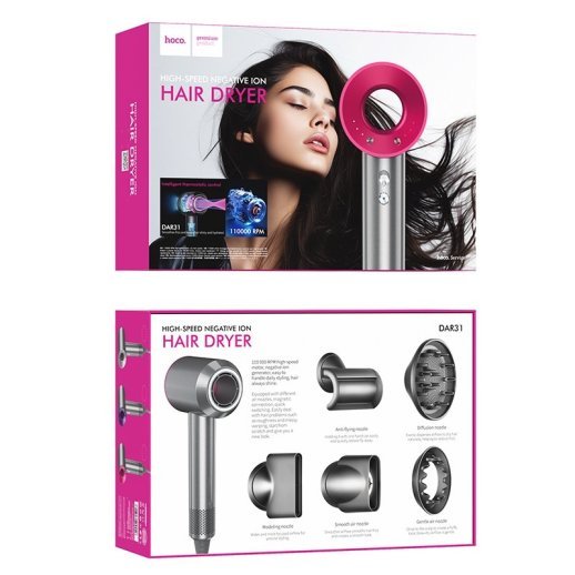 Високошвидкісний фен HOCO DAR31 Wave 1500W з негативною іонізацією, 5 насадок, Rose Red