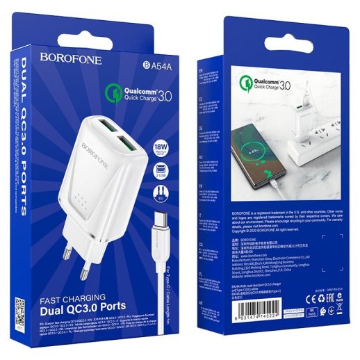 Мережевий зарядний пристрій BOROFONE BA54A Wide 2 USB QC3.0 18W + кабель USB - TYPE-C, білий