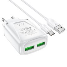 Мережевий зарядний пристрій BOROFONE BA54A Wide 2 USB QC3.0 18W + кабель USB - TYPE-C, білий