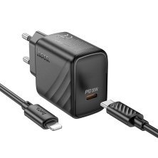 Мережевий зарядний пристрій HOCO CS22A PD 30W TYPE-C + кабель TYPE-C - LIGHTNING, ЧОРНИЙ