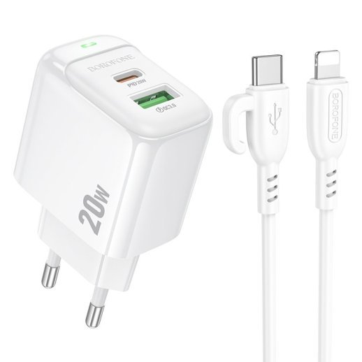 Мережевий зарядний пристрій BOROFONE BAS44A TYPE-C PD 20W / USB QC3.0 + кабель TYPE-C - LIGHTNING, білий
