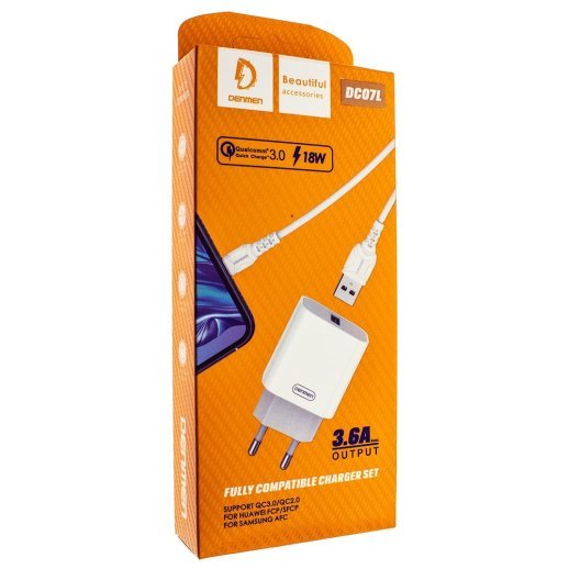 Мережевий зарядний пристрій DENMEN DC07L 3.6A 1USB 18W QC3.0, FCP, AFC, SCP + CABLE Lightning-USB