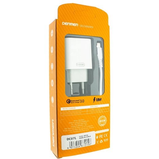 Мережевий зарядний пристрій DENMEN DC07L 3.6A 1USB 18W QC3.0, FCP, AFC, SCP + CABLE Lightning-USB