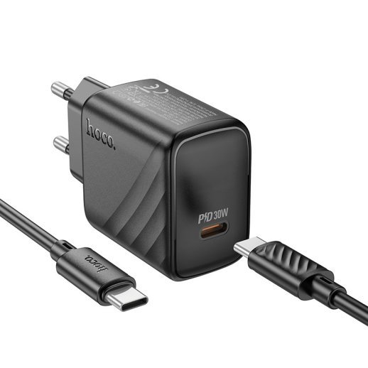 Мережевий зарядний пристрій HOCO CS22A PD 30W TYPE-C + кабель TYPE-C - TYPE-C, ЧОРНИЙ