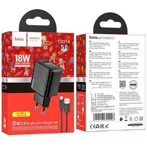 Мережевий зарядний пристрій HOCO CS21A USB QC 3.0 + КАБЕЛЬ USB - TYPE-C, чорний