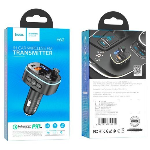 FM трансмітер HOCO E62 Bluetooth з швидкою зарядкою 20W 2USB + TYPE-C 3.1A з гучним зв'язком