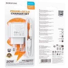 Мережевий зарядний пристрій BOROFONE BAS44A TYPE-C PD 20W / USB QC3.0 + кабель TYPE-C - TYPE-C, білий