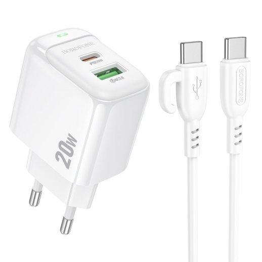 Мережевий зарядний пристрій BOROFONE BAS44A TYPE-C PD 20W / USB QC3.0 + кабель TYPE-C - TYPE-C, білий