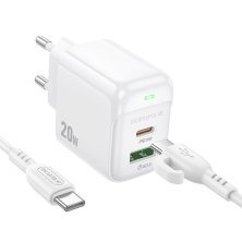 Мережевий зарядний пристрій BOROFONE BAS44A TYPE-C PD 20W / USB QC3.0 + кабель TYPE-C - TYPE-C, білий