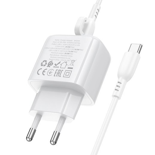 Мережевий зарядний пристрій BOROFONE BAS44A TYPE-C PD 20W / USB QC3.0 + кабель TYPE-C - TYPE-C, білий