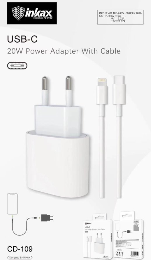 Мережевий зарядний пристрій INKAX CD-109 PD Fast Charging 20W | 1 USB-C + USB-C для освітлення для iPhone
