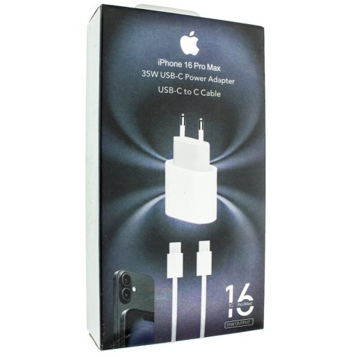 Мережевий зарядний пристрій 16 PRO MAX USB-C 35W + кабель TYPE-C - TYPE-C З ЛОГО в чорній упаковці
