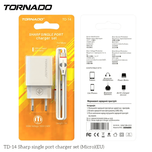 Сетевое Зарядное Устройство 2in1 TORNADO TD-14 (1USB 2.1A) Micro