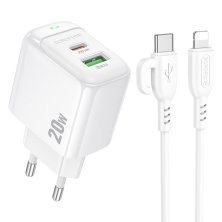 Мережевий зарядний пристрій Borofone BAS44A Type-C PD 20W + USB QC3.0 + кабель Type-C - Lightning, білий
