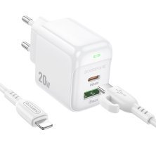 Мережевий зарядний пристрій Borofone BAS44A Type-C PD 20W + USB QC3.0 + кабель Type-C - Lightning, білий