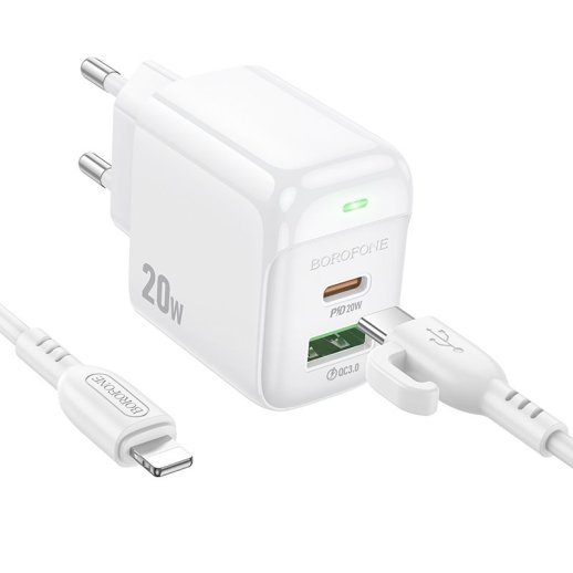Мережевий зарядний пристрій Borofone BAS44A Type-C PD 20W + USB QC3.0 + кабель Type-C - Lightning, білий