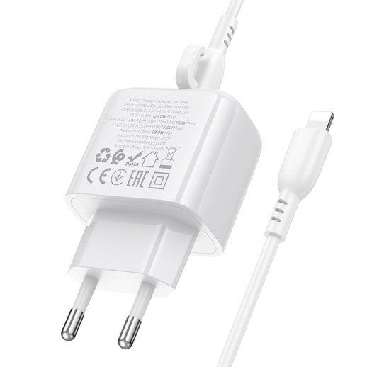 Мережевий зарядний пристрій Borofone BAS44A Type-C PD 20W + USB QC3.0 + кабель Type-C - Lightning, білий