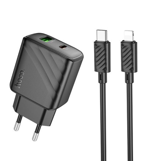 Мережевий зарядний пристрій HOCO CS23A TYPE-C PD 30W + USB QC 3.0 + КАБЕЛЬ TYPE-C - LIGHTNING, чорний