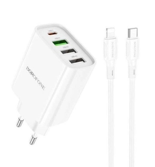 Мережевий зарядний пристрій BOROFONE BA79A Clever PD20W USB-C - 1 PORT, USB-A - 3 PORT + кабель TYPE-C - LIGHTNING