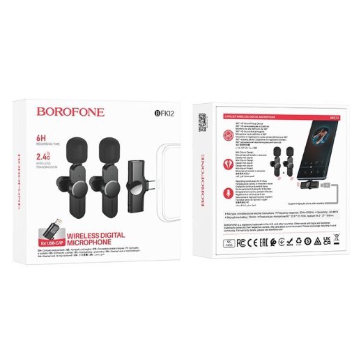 Бездротовий петличний мікрофон Borofone BFK12 2в1 LIGHTNING | TYPE-C, чорний