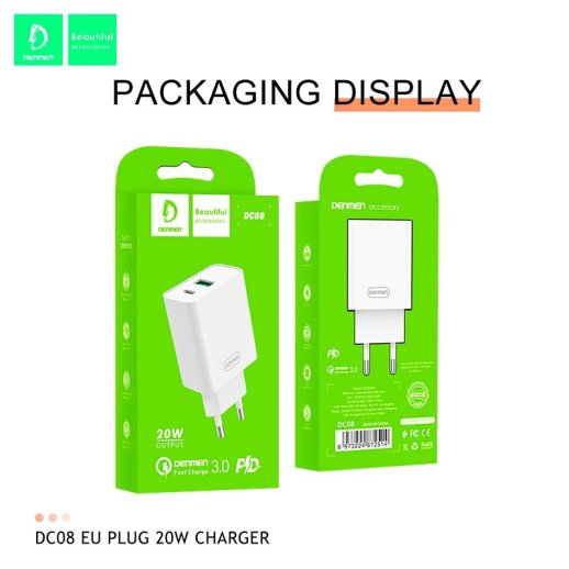 Мережевий зарядний пристрій DENMEN DC08 3.0A USB QC3.0 + TYPE-C 20W PD