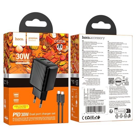 Мережевий зарядний пристрій HOCO CS23A TYPE-C PD 30W + USB QC 3.0 + КАБЕЛЬ TYPE-C - TYPE-C, чорний