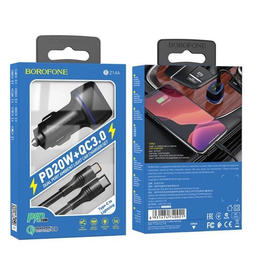 Автомобільний зарядний пристрій BOROFONE BZ14A Mercury dual port PD20W+QC3.0 ambient light + USB TYPE-C на LIGHTNING