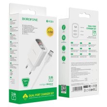Мережевий зарядний пристрій BOROFONE BA58A Mighty dual USB, display, 2.4A + кабель USB - TYPE-C, білий