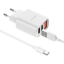 Мережевий зарядний пристрій BOROFONE BA58A Mighty dual USB, display, 2.4A + кабель USB - TYPE-C, білий