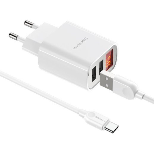 Мережевий зарядний пристрій BOROFONE BA58A Mighty dual USB, display, 2.4A + кабель USB - TYPE-C, білий