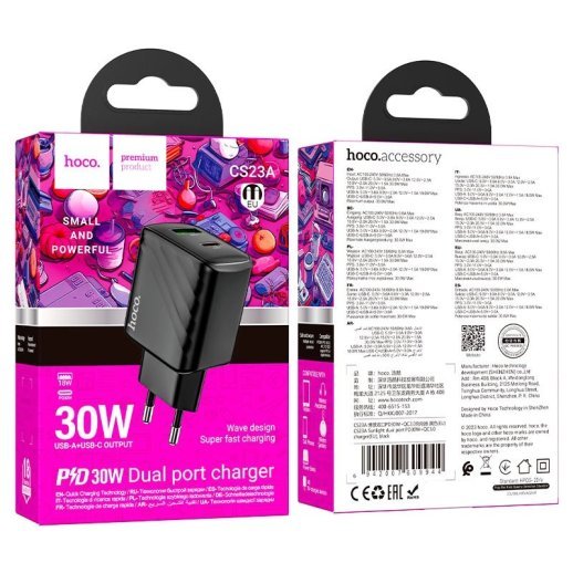 Мережевий зарядний пристрій HOCO CS23A TYPE-C PD 30W + USB QC 3.0,чорний