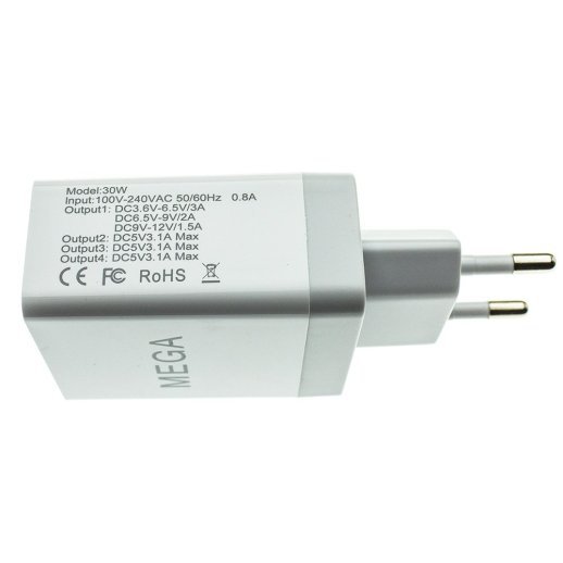 Мережевий зарядний пристрій MEGA 4 USB QC 3.0 30W без упаковки