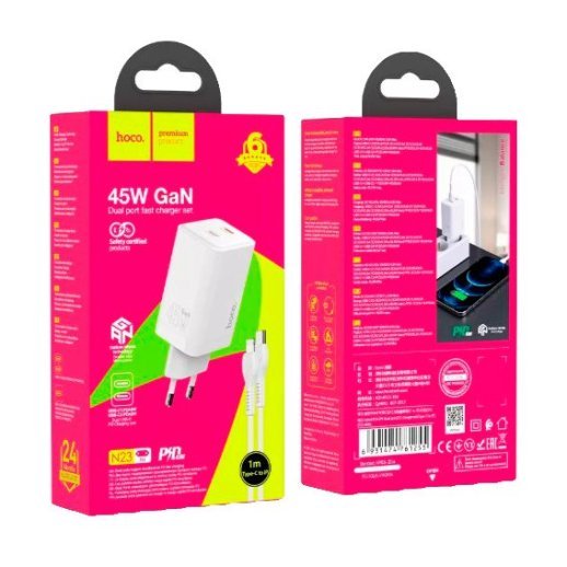 Мережевий зарядний пристрій HOCO N23 PD 45W 2 TYPE-C + КАБЕЛЬ Type-C - Lightning, БІЛИЙ
