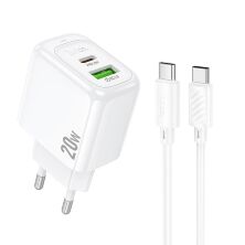 Мережевий зарядний пристрій HOCO CS54A TYPE-C PD 20W / USB QC 3.0 + кабель TYPE-C - TYPE-C, білий