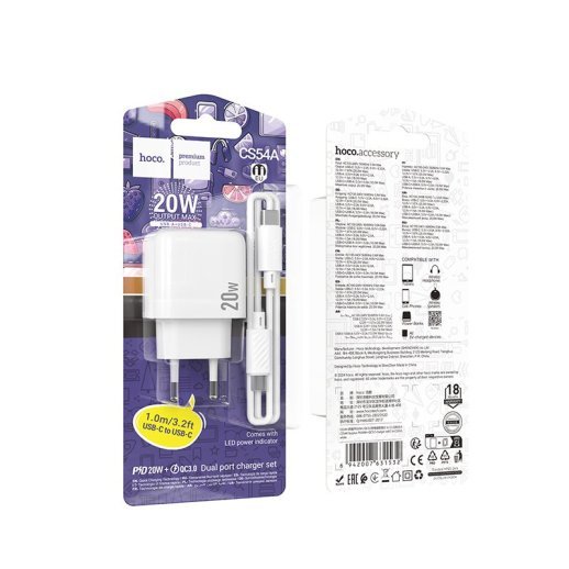 Мережевий зарядний пристрій HOCO CS54A TYPE-C PD 20W / USB QC 3.0 + кабель TYPE-C - TYPE-C, білий