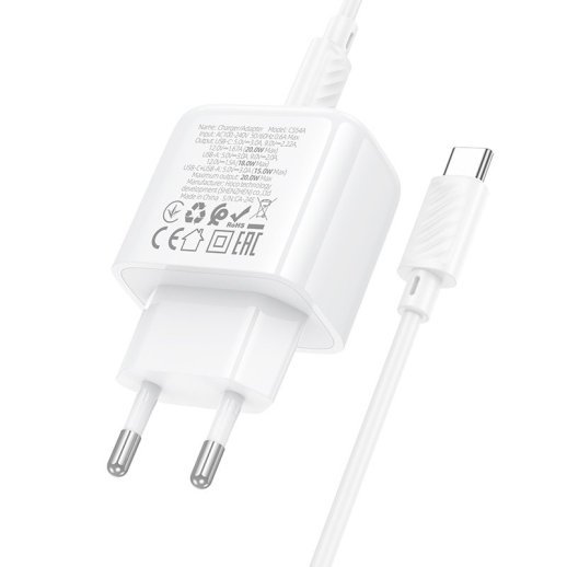 Мережевий зарядний пристрій HOCO CS54A TYPE-C PD 20W / USB QC 3.0 + кабель TYPE-C - TYPE-C, білий