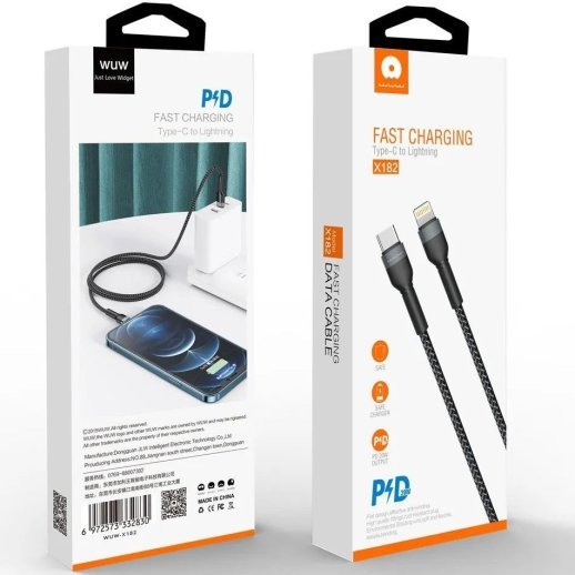 Кабель USB-C WUW X182 Type-C - Lightning 20W PD ТКАНИНА ЧОРНА (45)