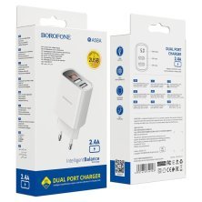 Мережевий зарядний пристрій BOROFONE BA58A Mighty dual USB, display, 2.4A, білий
