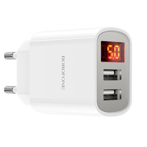 Мережевий зарядний пристрій BOROFONE BA58A Mighty dual USB, display, 2.4A, білий