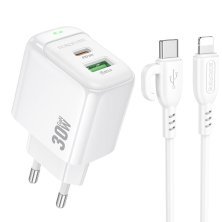 Мережевий зарядний пристрій BOROFONE BAS45A TYPE-C PD 30W / USB QC3.0 + кабель TYPE-C - LIGHTNING, білий