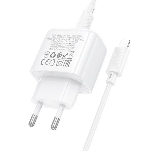 Мережевий зарядний пристрій HOCO CS53A TYPE-C PD 25W + КАБЕЛЬ TYPE-C - LIGHTNING, білий
