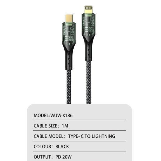 Кабель USB-C WUW X186 Type-C - Lightning 20W PD ТКАНИНА ЧОРНИЙ