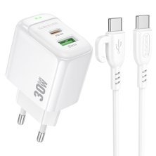 Мережевий зарядний пристрій BOROFONE BAS45A TYPE-C PD 30W / USB QC3.0 + кабель TYPE-C - TYPE-C, білий