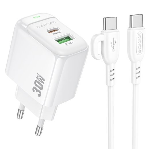 Мережевий зарядний пристрій BOROFONE BAS45A TYPE-C PD 30W / USB QC3.0 + кабель TYPE-C - TYPE-C, білий
