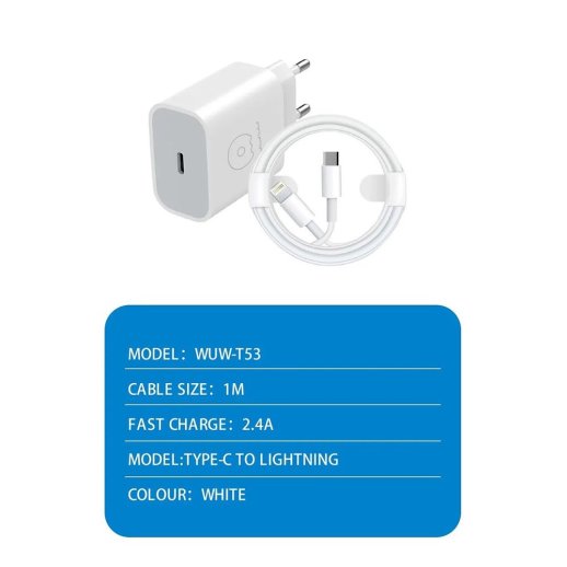 Мережевий зарядний пристрій WUW T53 USB-C + КАБЕЛЬ USB-C - Lightning 2.4A БІЛИЙ