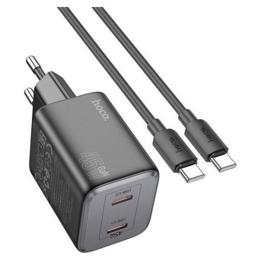 Мережевий зарядний пристрій HOCO N42 2 TYPE-C PD 45W + КАБЕЛЬ Type-C - Type-C, ЧОРНИЙ